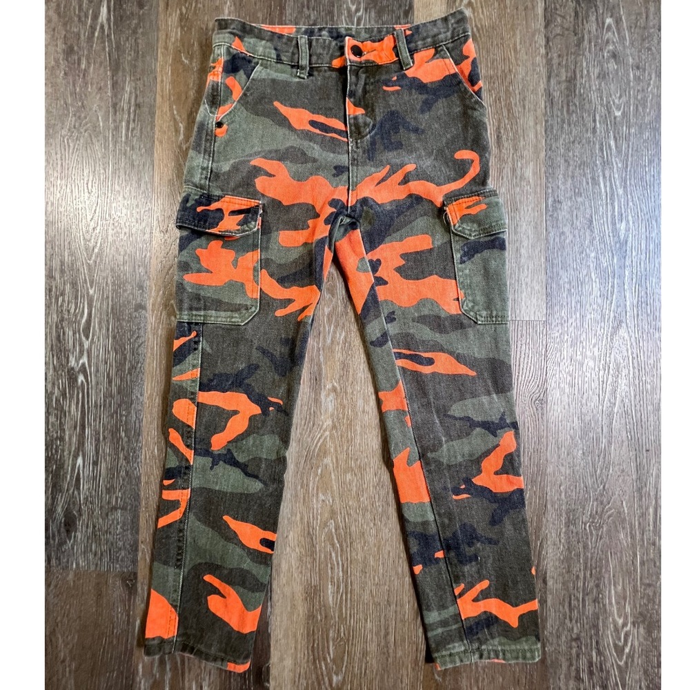 Unbranded Cargo Pants Youth 12Y Orange Green Camo Multi Pocket Utility Trousers